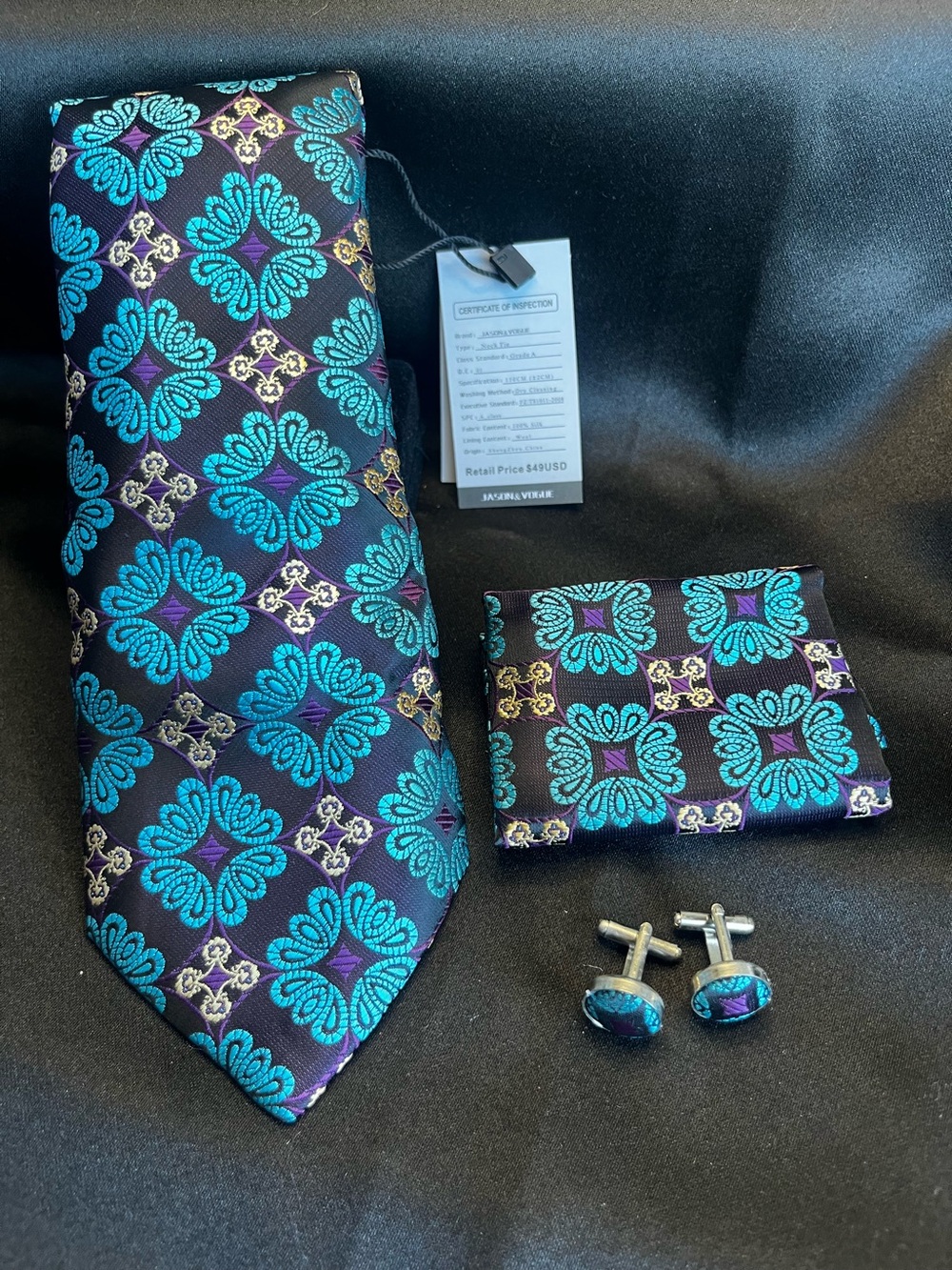 Men's Teal & Purple Floral Silk Tie Set with Pocket Square and Cufflinks